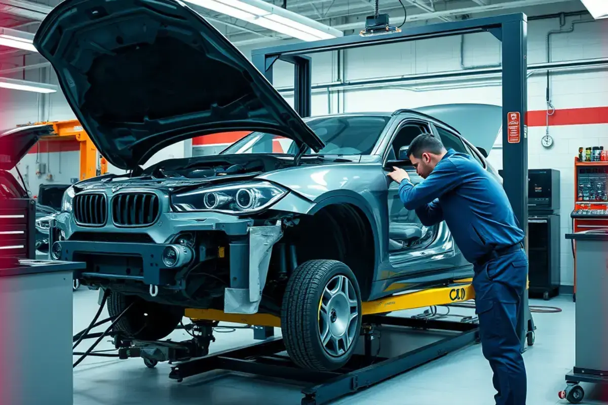 Collision repair on white sedan